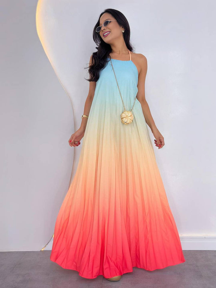 Levoire | Robe Longue Couleur Ombre Dos Nu Sans Manches Décontracté Lâche Large Robe De Plage Vacances