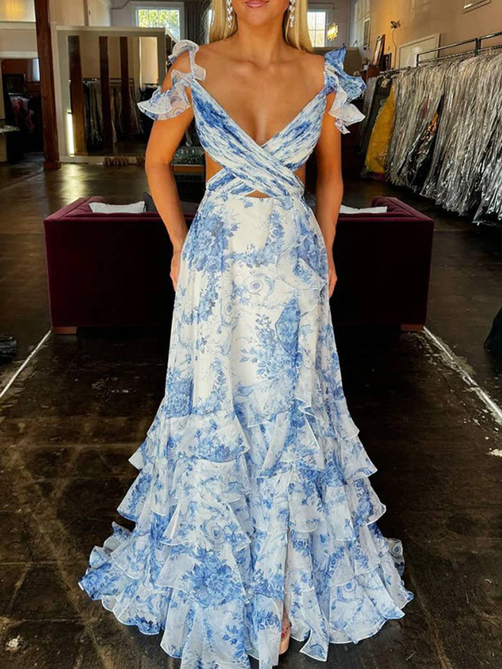 Levoire | Robe Longue En Chiffon Coupe Imprimée Fleur Fente Volants Dos Nu Sans Bretelles Élégante Soirée