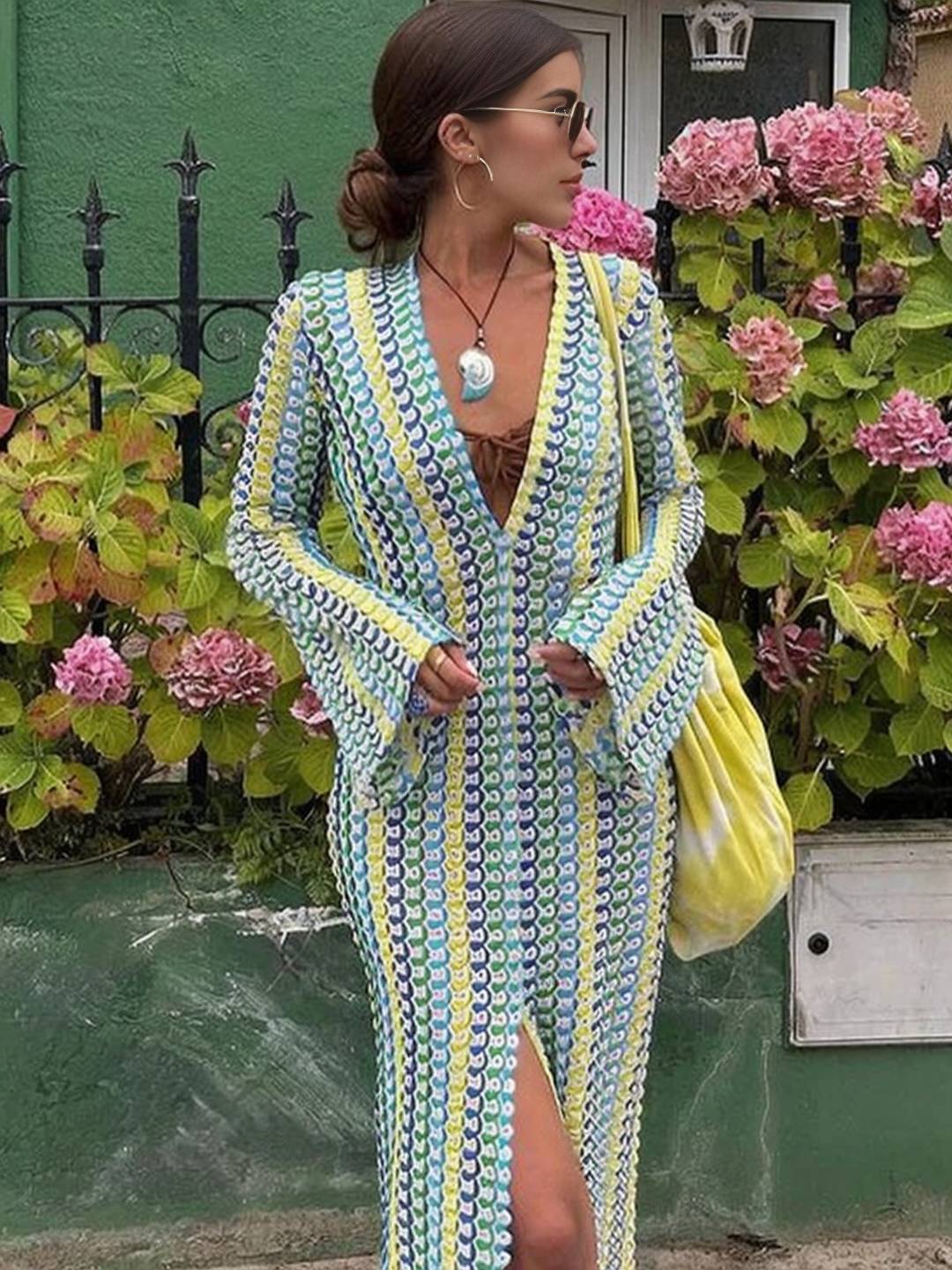 Levoire | Robe Longue En Crochet Avec Décolleté Plongeant Motif Floral Fente Manches Longues Boho Décontracté Plage Pour L'Été Jaune