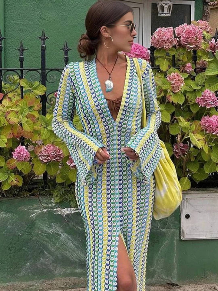Levoire | Robe Longue En Crochet Avec Décolleté Plongeant Motif Floral Fente Manches Longues Boho Décontracté Plage Pour L'Été Jaune
