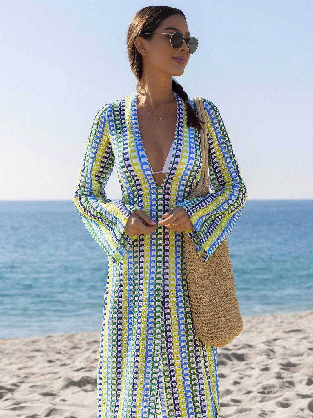 Levoire | Robe Longue En Crochet Avec Décolleté Plongeant Motif Floral Fente Manches Longues Boho Décontracté Plage Pour L'Été