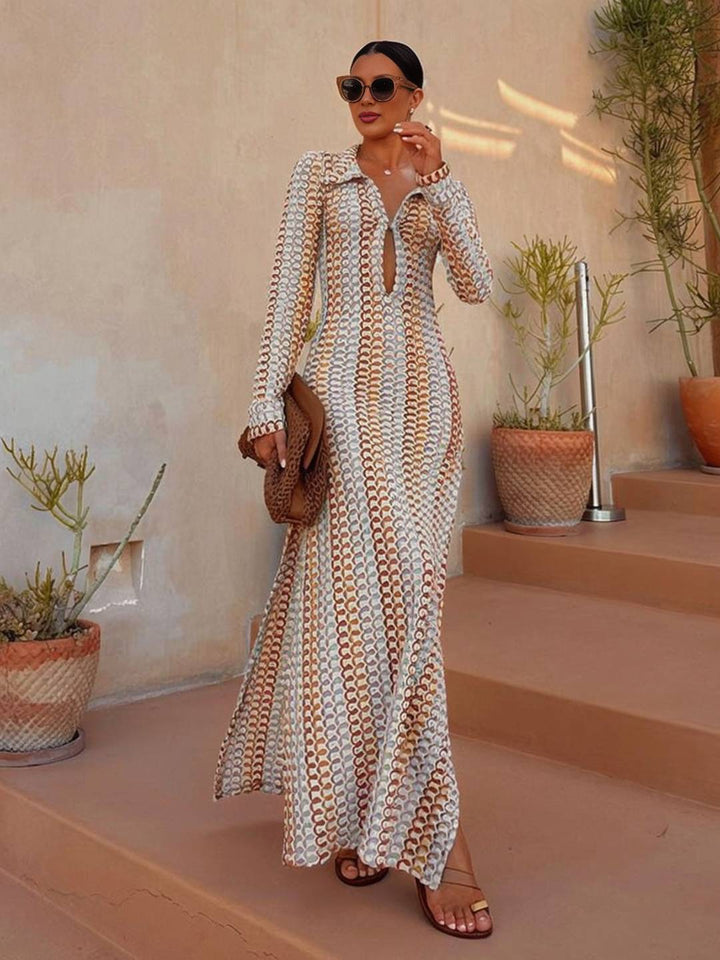 Levoire | Robe Longue En Crochet Avec Décolleté Plongeant Motif Floral Fente Manches Longues Boho Décontracté Plage Pour L'Été Braun