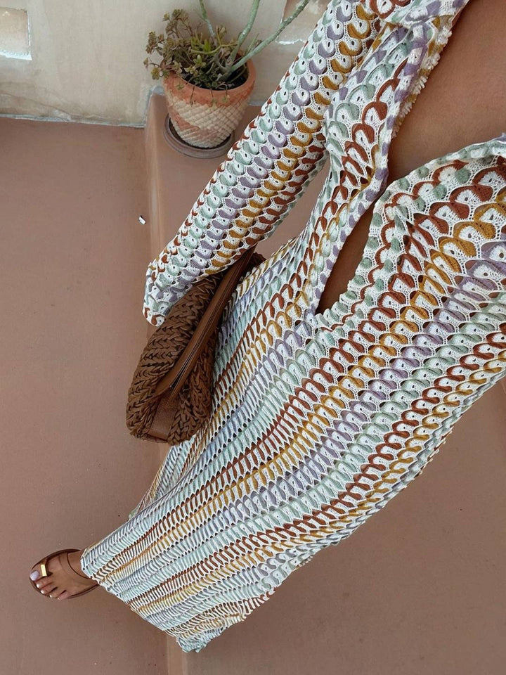 Levoire | Robe Longue En Crochet Avec Décolleté Plongeant Motif Floral Fente Manches Longues Boho Décontracté Plage Pour L'Été
