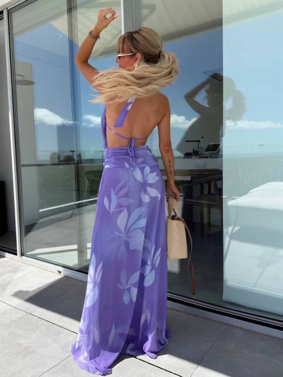 Levoire | Robe Longue À Motifs Floraux En Crossover Avec Col À Nouer, Décolleté Profond, Dos Nu, Sans Manches, Élégante, Décontractée, Hawaïenne, Soirée, Plage, Été