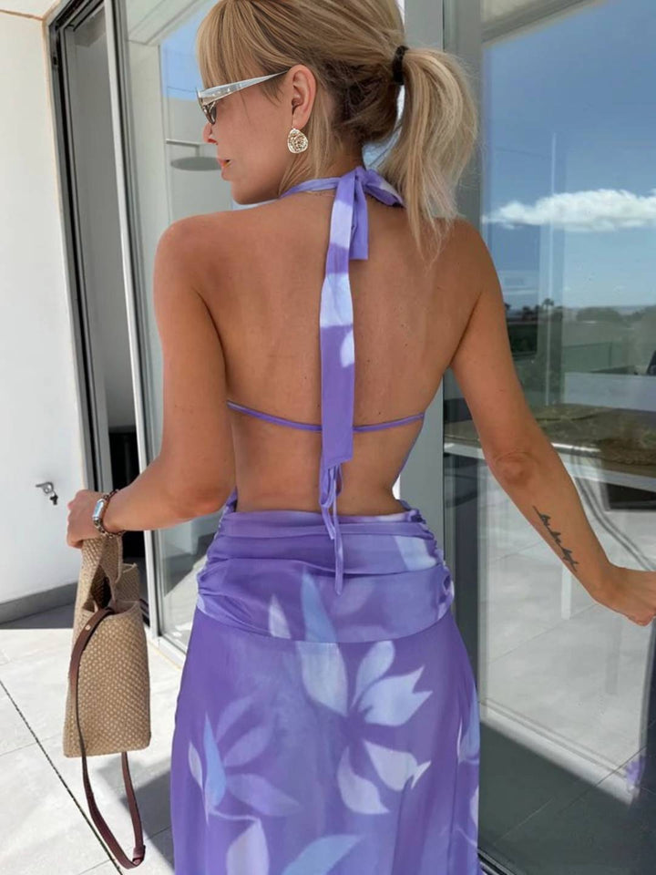 Levoire | Robe Longue À Motifs Floraux En Crossover Avec Col À Nouer, Décolleté Profond, Dos Nu, Sans Manches, Élégante, Décontractée, Hawaïenne, Soirée, Plage, Été