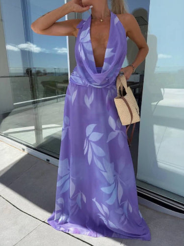Levoire | Robe Longue À Motifs Floraux En Crossover Avec Col À Nouer, Décolleté Profond, Dos Nu, Sans Manches, Élégante, Décontractée, Hawaïenne, Soirée, Plage, Été