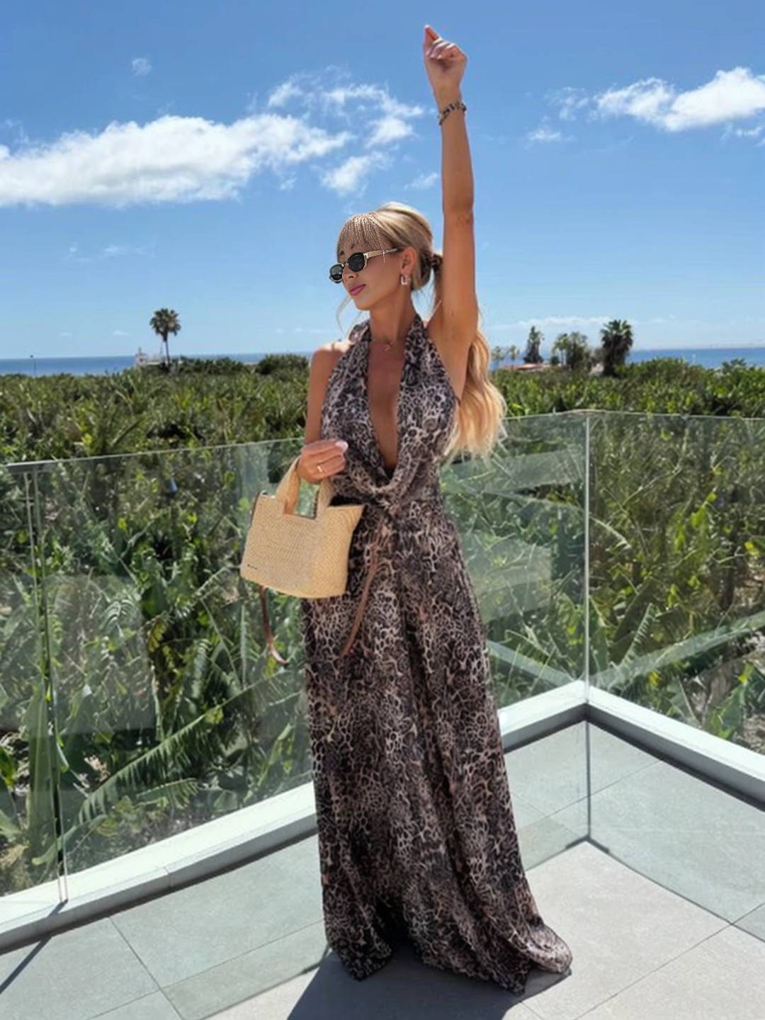 Levoire | Robe Longue Léopard À Encolure Halter À Col En V Sans Manches Pour Femmes Style Décontracté Plage Vacances