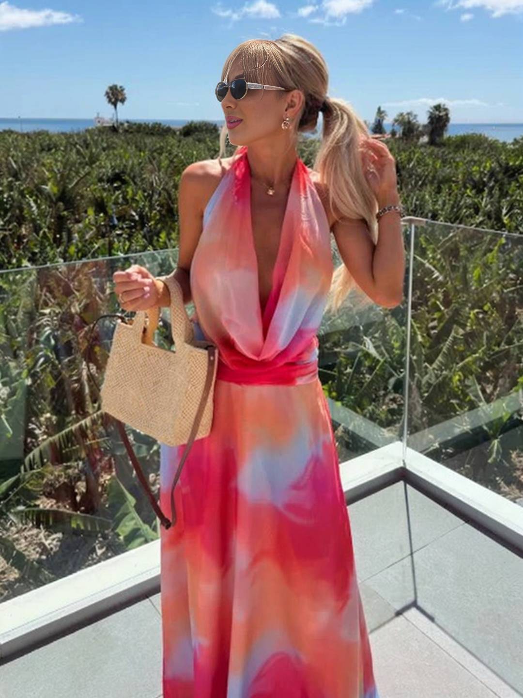 Levoire | Robe Longue Tie And Dye Col Dos Nu Décolleté Profond Sans Manches Décontracté Soirée Plage Style Vacances