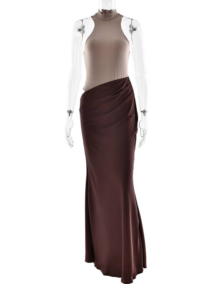 Levoir | Long Jupe Satin Corps Col Rond Épaules Angulées Sans Manches Élégant Robe De Soirée Femme Bal De Fin D'Études