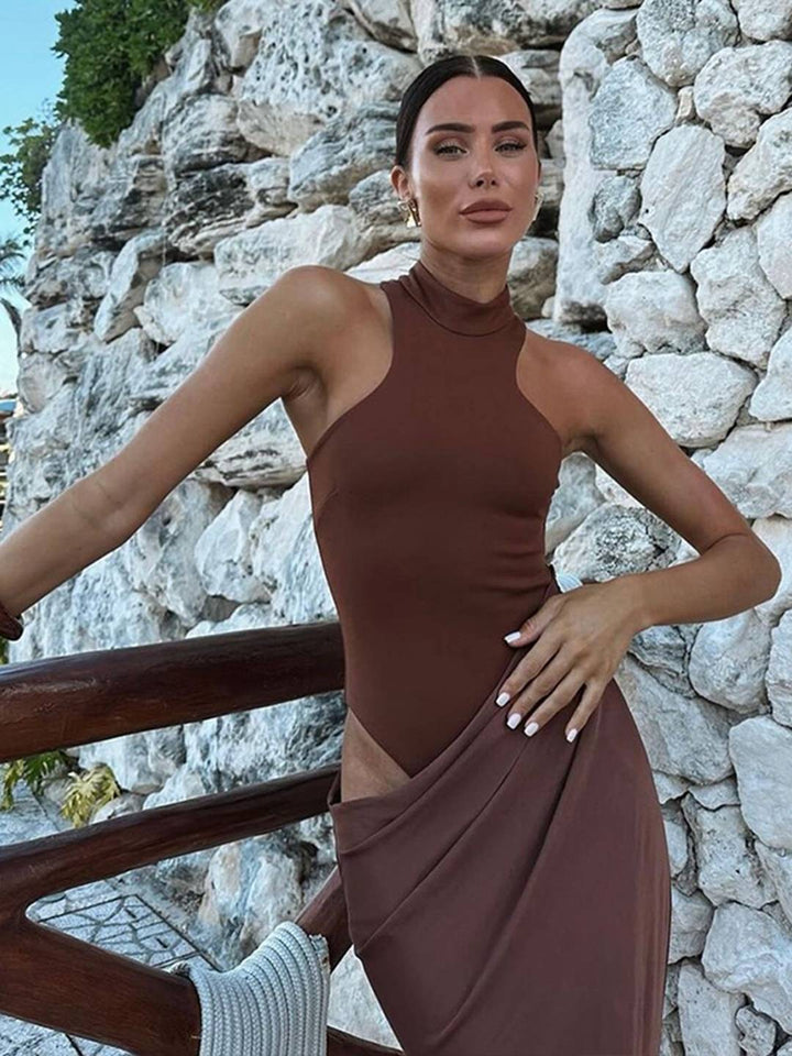 Levoir | Long Jupe Satin Corps Col Rond Épaules Angulées Sans Manches Élégant Robe De Soirée Femme Bal De Fin D'Études