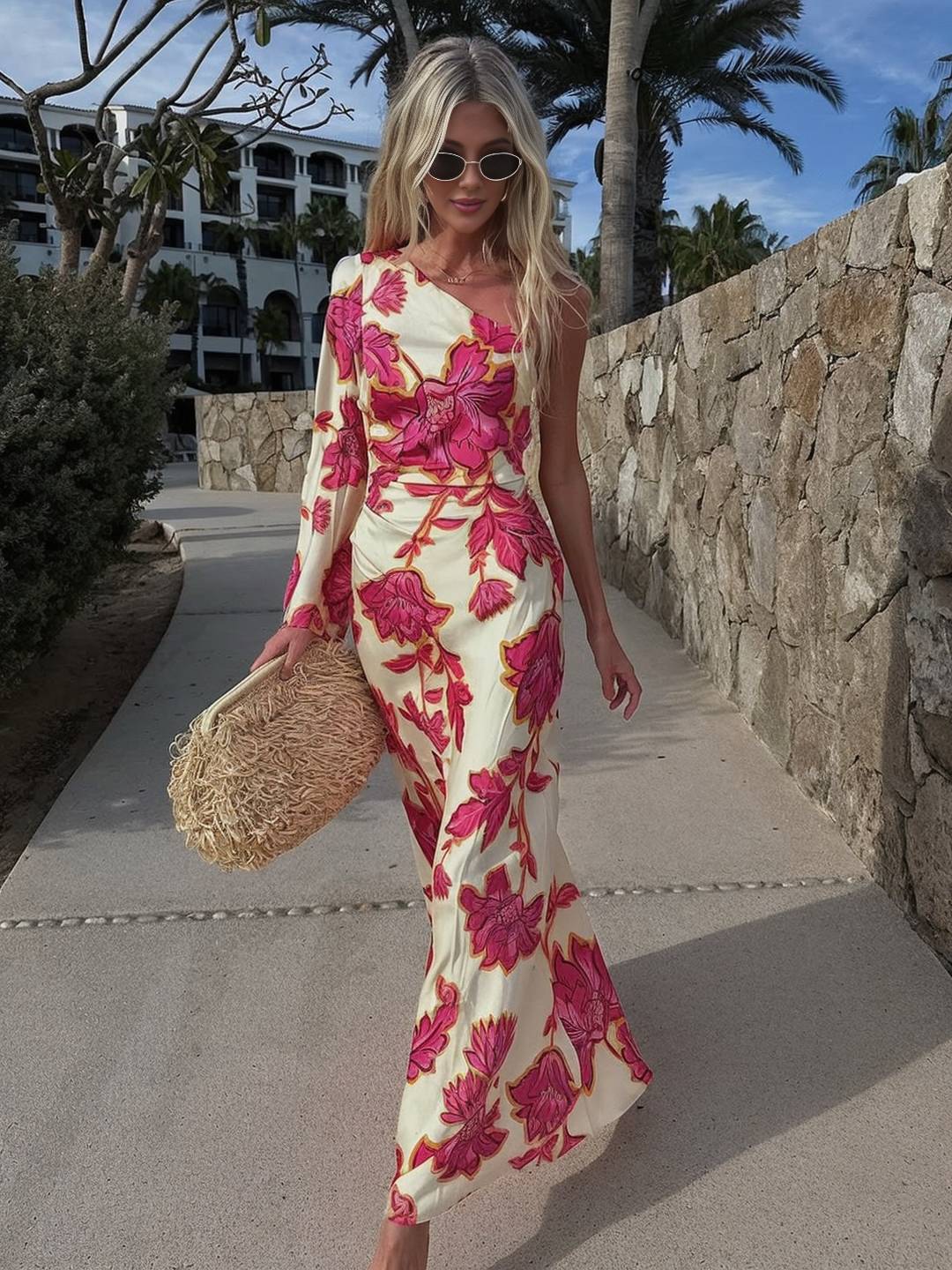 Levoire | Robe Longue En Satin Imprimé Avec Fleur Un Bras Manches Longues Élégante Décontractée Robe D'Été De Plage Rosa