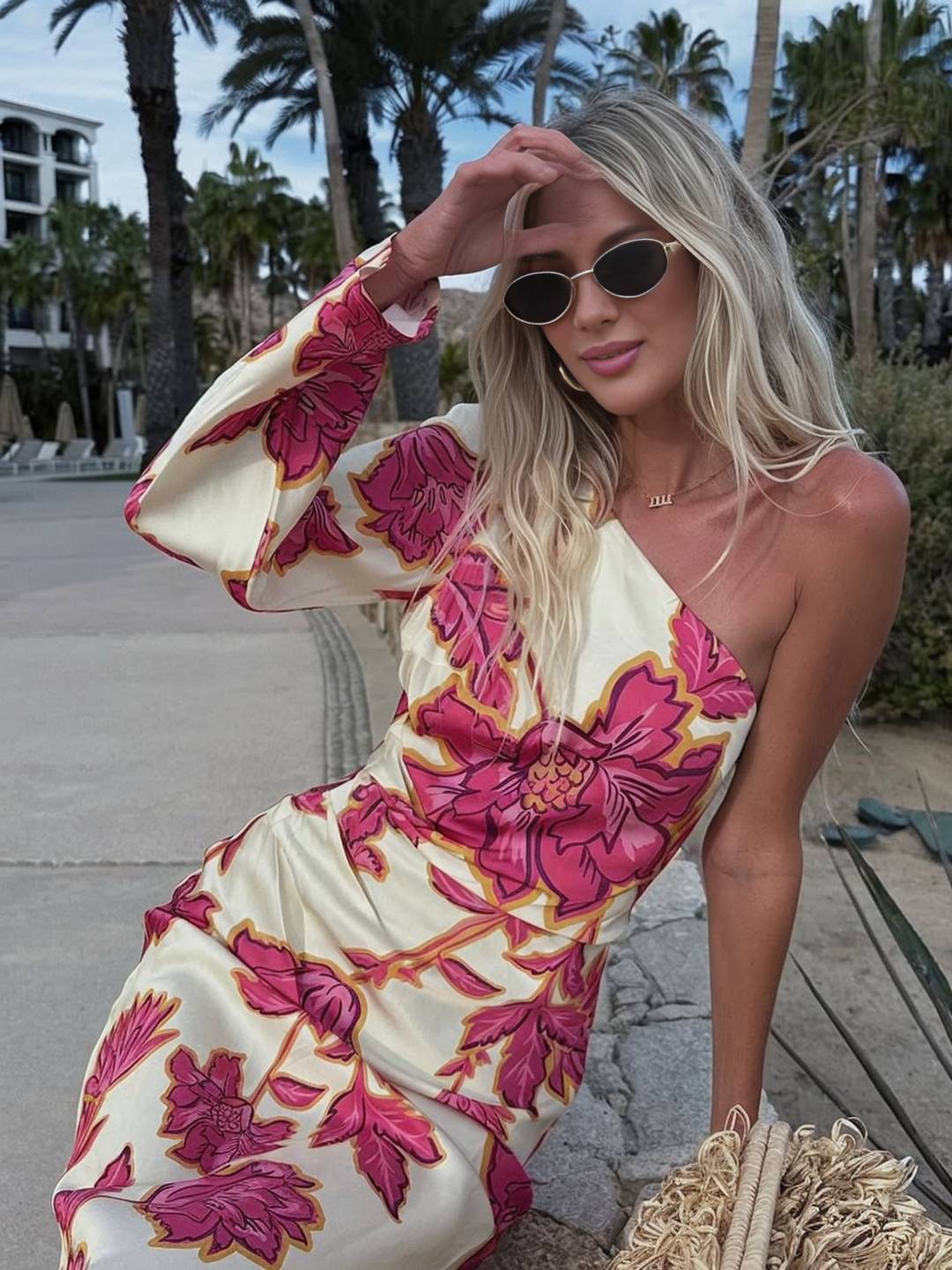 Levoire | Robe Longue En Satin Imprimé Avec Fleur Un Bras Manches Longues Élégante Décontractée Robe D'Été De Plage