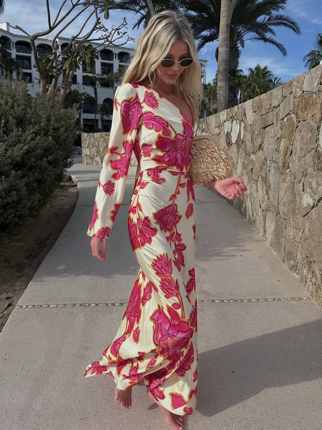 Levoire | Robe Longue En Satin Imprimé Avec Fleur Un Bras Manches Longues Élégante Décontractée Robe D'Été De Plage