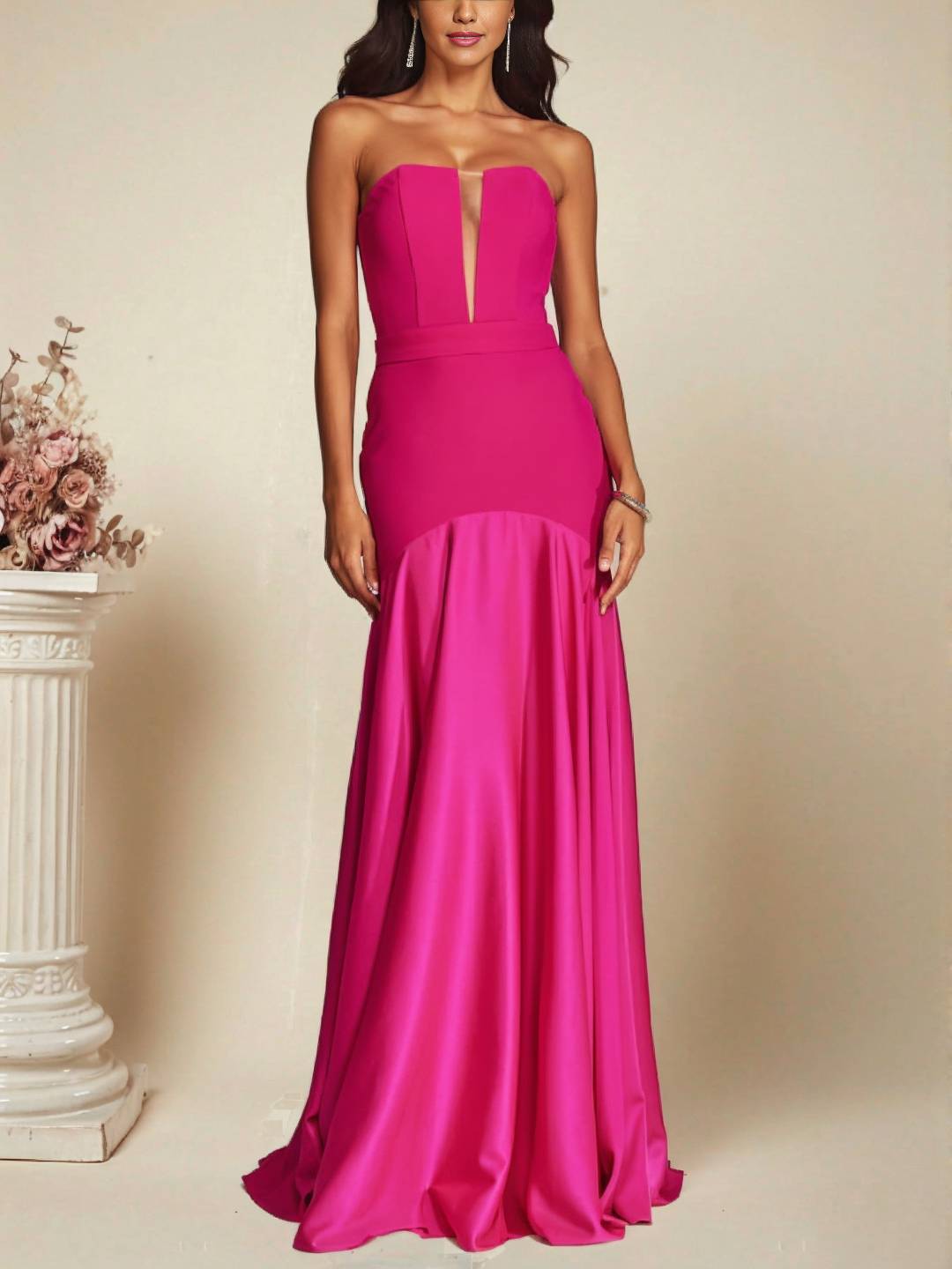 Levoire | Robe Bustier Longue En Satin Sans Manches Coupe Sirène Robe De Soirée Élégante Cérémonie Idéale Pour Une Occasion Particulière Framboise