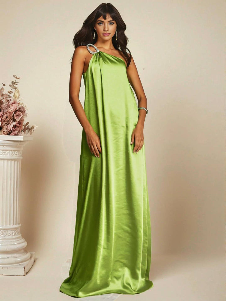 Levoire | Robe Longue Asymétrique En Satin Avec Détail Décoratif À L'Épaule Sans Manches Pour Femmes Soirée Plage