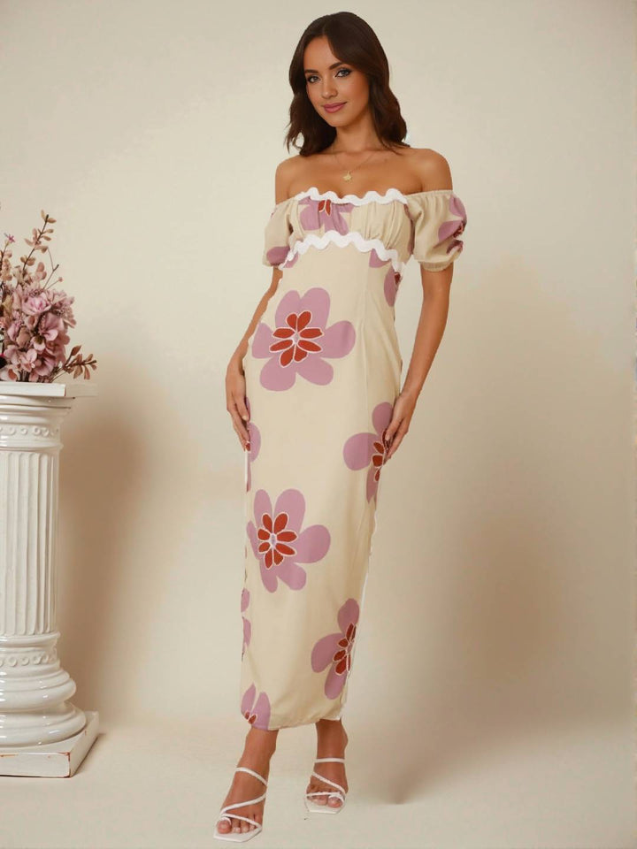 Levoire | Robe Longue Avec Fleurs En Lin Fente Décolleté Carré Manches Courtes Pour Femme Douce Élégante Décontractée Romantique Et Estivale