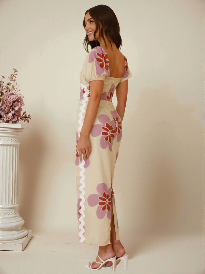 Levoire | Robe Longue Avec Fleurs En Lin Fente Décolleté Carré Manches Courtes Pour Femme Douce Élégante Décontractée Romantique Et Estivale
