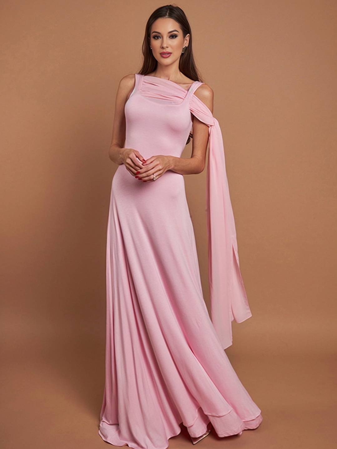 Levoire | Robe Longue Rose Tulle Bretelles Encolure Carrée Sans Manches Élégante Femme Pour Une Cérémonie Ou Un Dîner Romantique Rosa