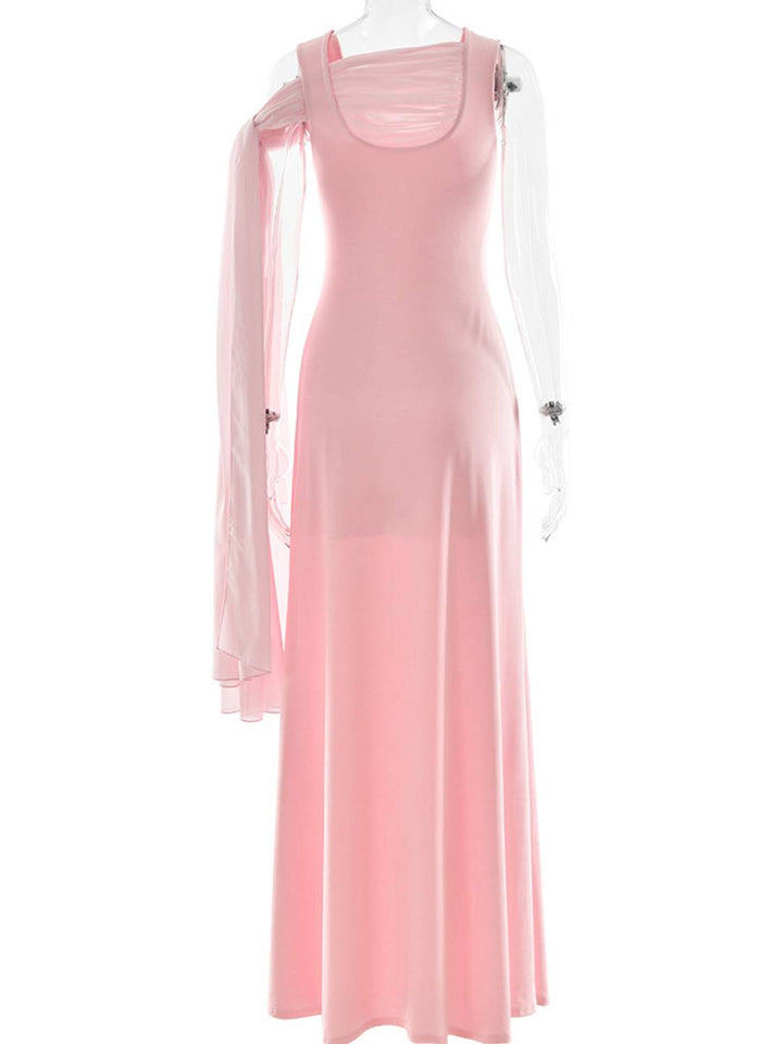 Levoire | Robe Longue Rose Tulle Bretelles Encolure Carrée Sans Manches Élégante Femme Pour Une Cérémonie Ou Un Dîner Romantique