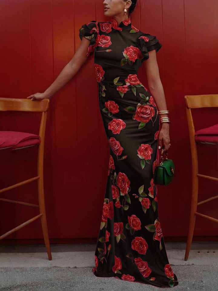 Levoire | Robe Longue À Fleurs Étroite Boutons Col Mao Superposition Volants Sans Manches Élégante Vintage Soirée Noir