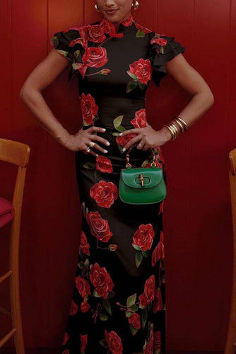 Levoire | Robe Longue À Fleurs Étroite Boutons Col Mao Superposition Volants Sans Manches Élégante Vintage Soirée
