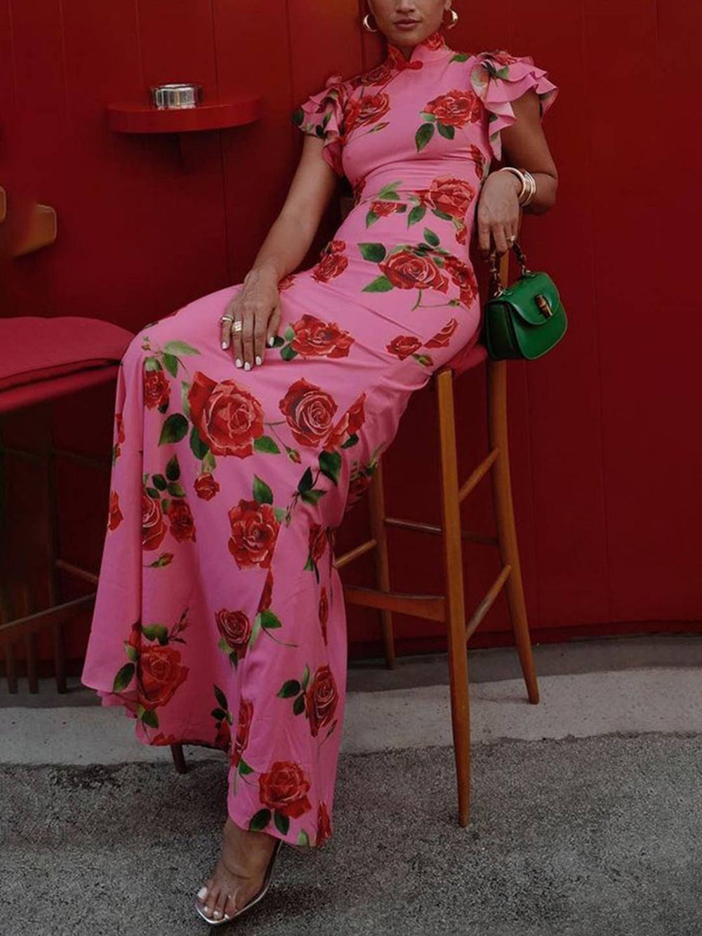 Levoire | Robe Longue À Fleurs Étroite Boutons Col Mao Superposition Volants Sans Manches Élégante Vintage Soirée