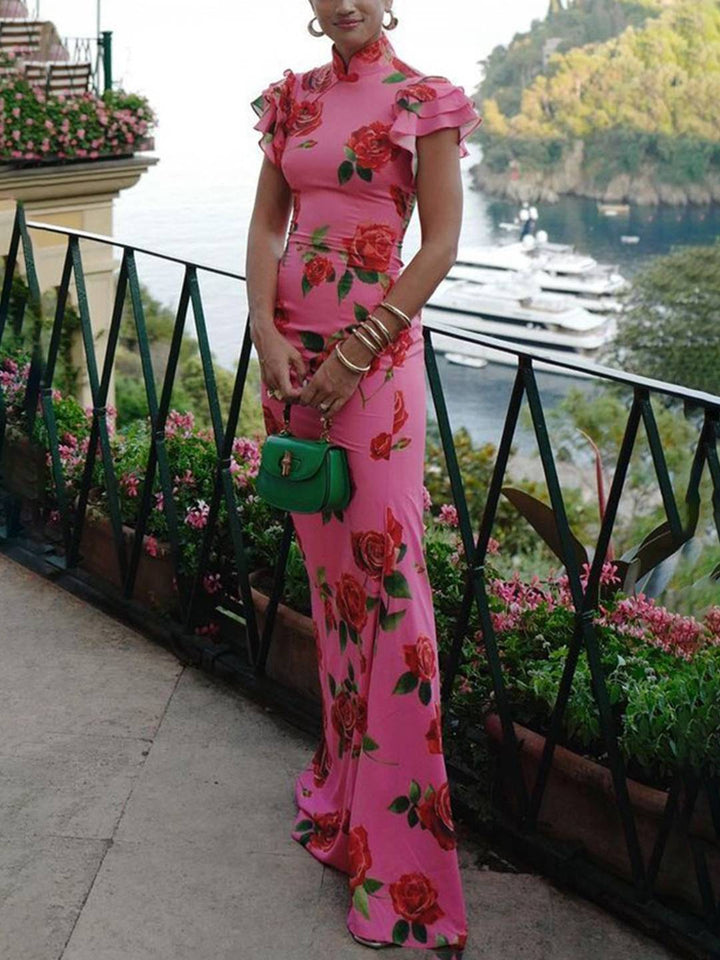 Levoire | Robe Longue À Fleurs Étroite Boutons Col Mao Superposition Volants Sans Manches Élégante Vintage Soirée