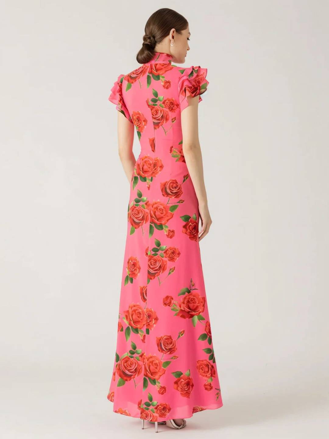 Levoire | Robe Longue À Fleurs Étroite Boutons Col Mao Superposition Volants Sans Manches Élégante Vintage Soirée