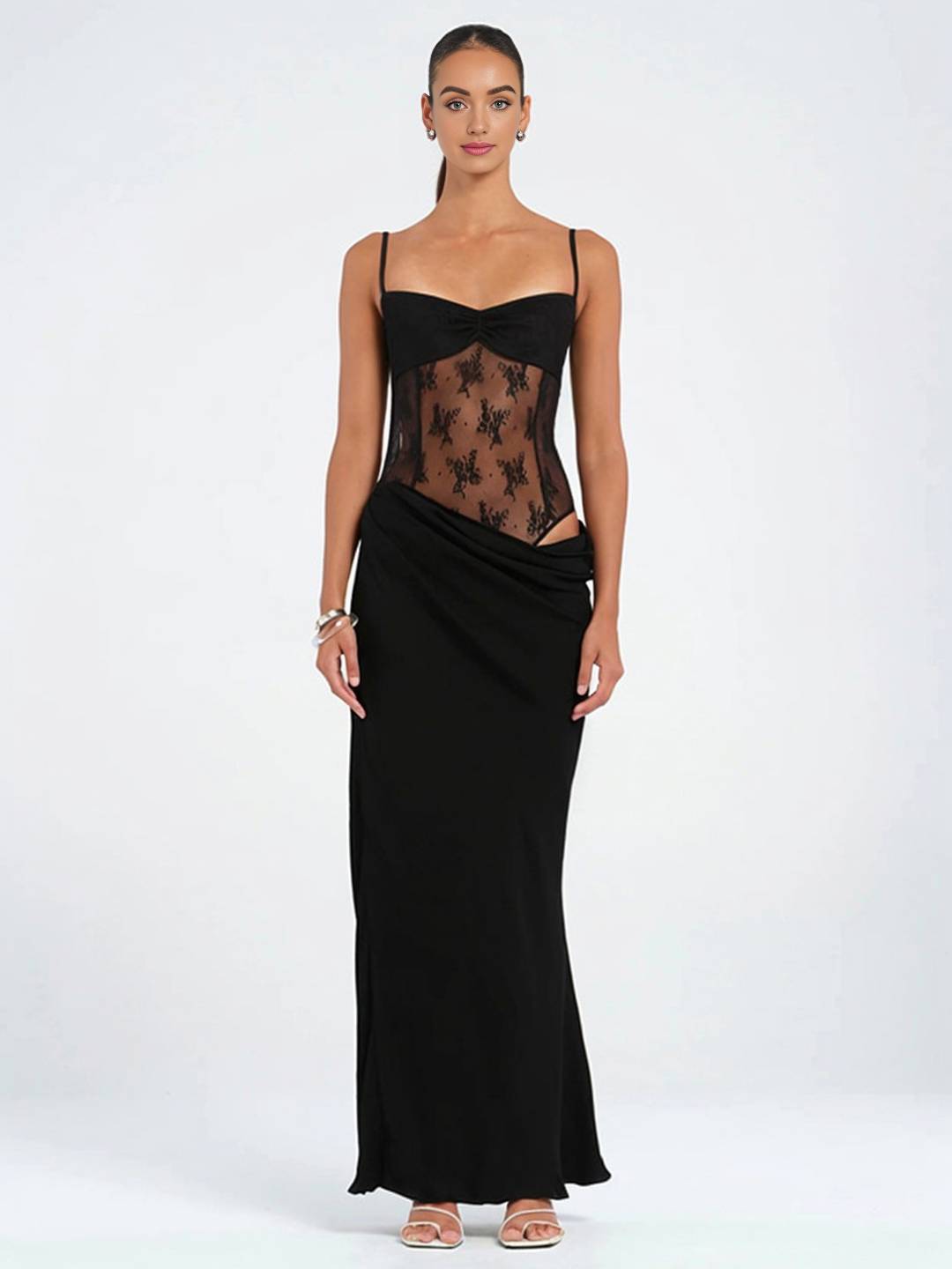 Levoire | Robe Longue Avec Bustier Transparent En Dentelle Ajustée Avec Fines Bretelles Sans Manches Femme Soirée Plage Noir