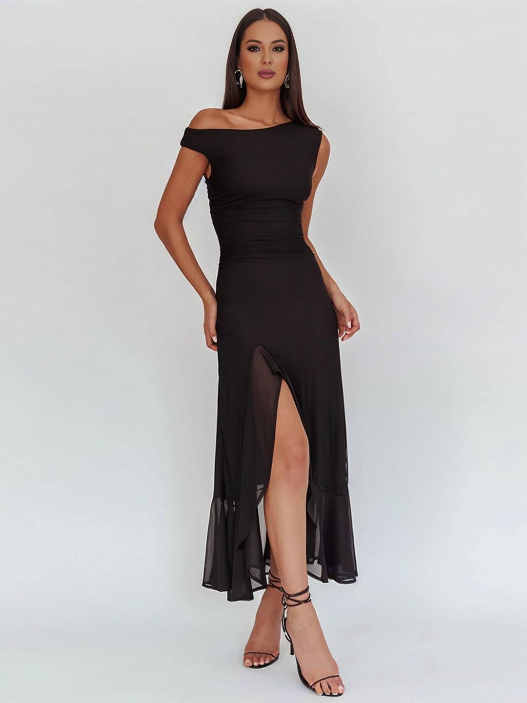 Levoire | Longue Robe En Tulle Ajustée À Épaule Unique Fente Latérale Avec Volant Sans Manches Pour Femmes Élégante Soirée Bal Prom