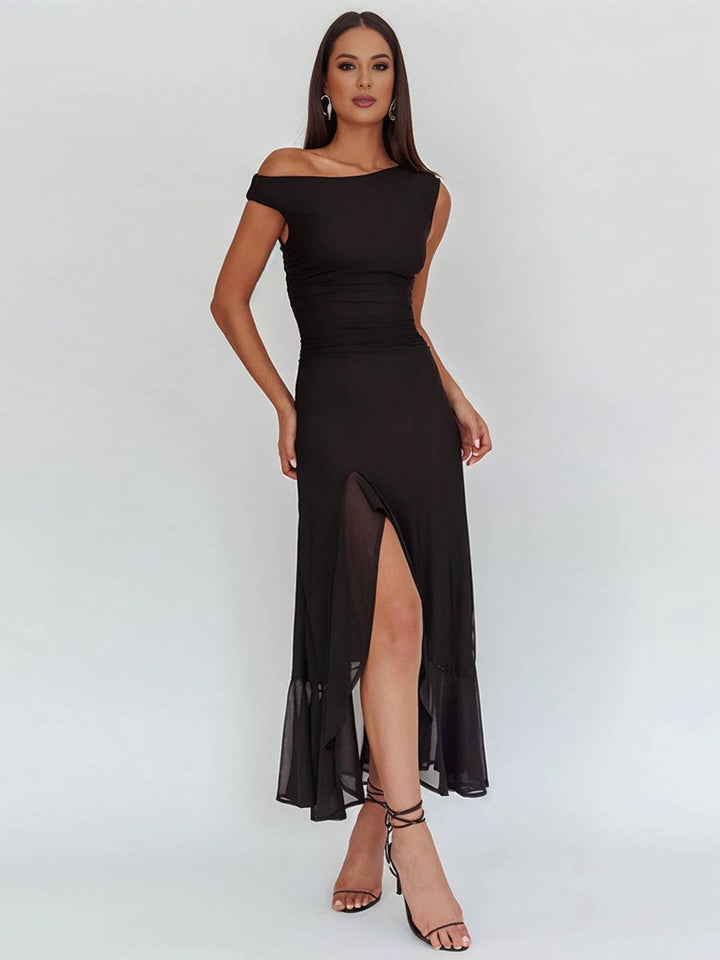 Levoire | Longue Robe En Tulle Ajustée À Épaule Unique Fente Latérale Avec Volant Sans Manches Pour Femmes Élégante Soirée Bal Prom