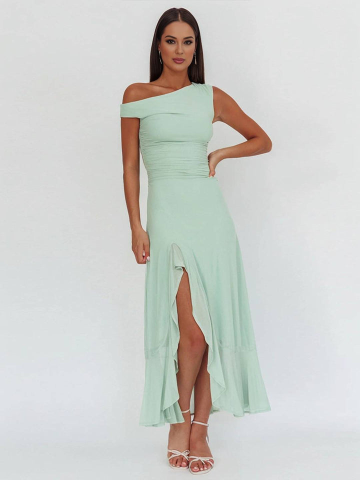 Levoire | Longue Robe En Tulle Ajustée À Épaule Unique Fente Latérale Avec Volant Sans Manches Pour Femmes Élégante Soirée Bal Prom Vert menthe