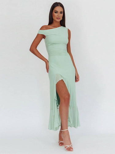 Levoire | Longue Robe En Tulle Ajustée À Épaule Unique Fente Latérale Avec Volant Sans Manches Pour Femmes Élégante Soirée Bal Prom