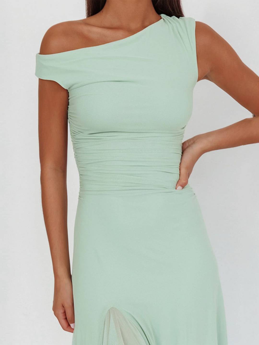 Levoire | Longue Robe En Tulle Ajustée À Épaule Unique Fente Latérale Avec Volant Sans Manches Pour Femmes Élégante Soirée Bal Prom