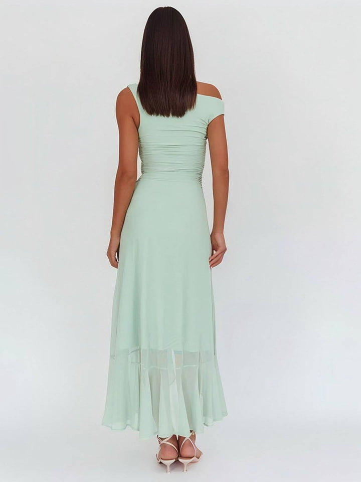 Levoire | Longue Robe En Tulle Ajustée À Épaule Unique Fente Latérale Avec Volant Sans Manches Pour Femmes Élégante Soirée Bal Prom