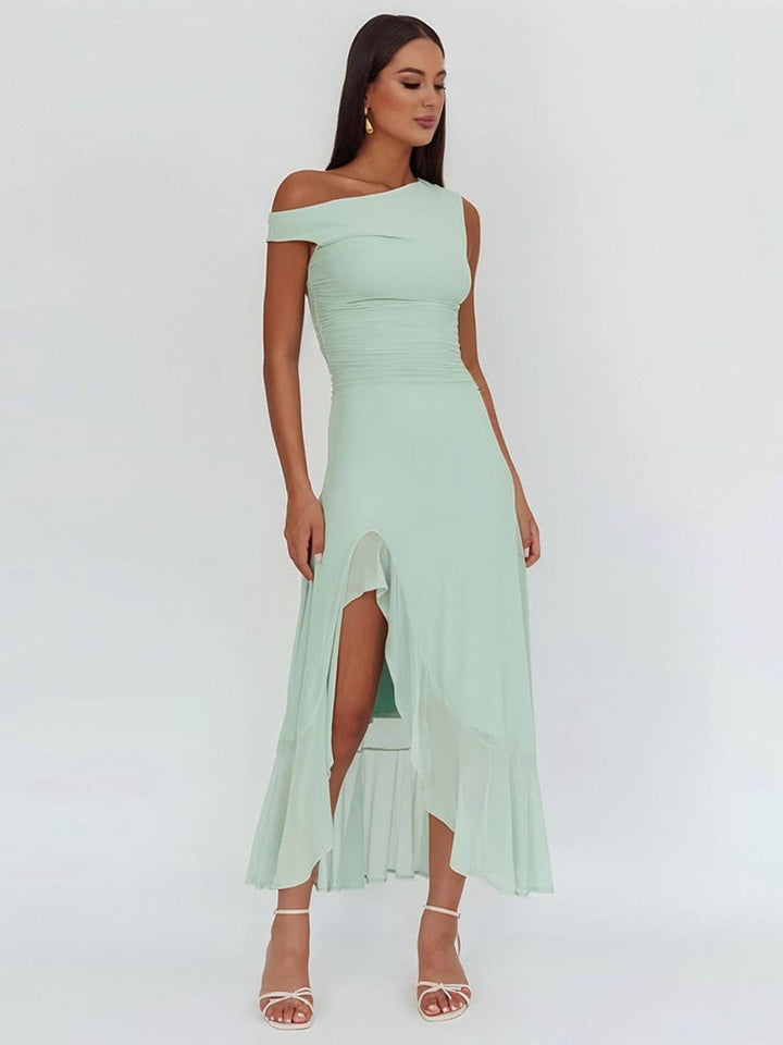 Levoire | Longue Robe En Tulle Ajustée À Épaule Unique Fente Latérale Avec Volant Sans Manches Pour Femmes Élégante Soirée Bal Prom