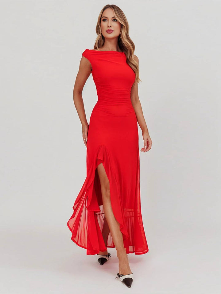 Levoire | Longue Robe En Tulle Ajustée À Épaule Unique Fente Latérale Avec Volant Sans Manches Pour Femmes Élégante Soirée Bal Prom Rot
