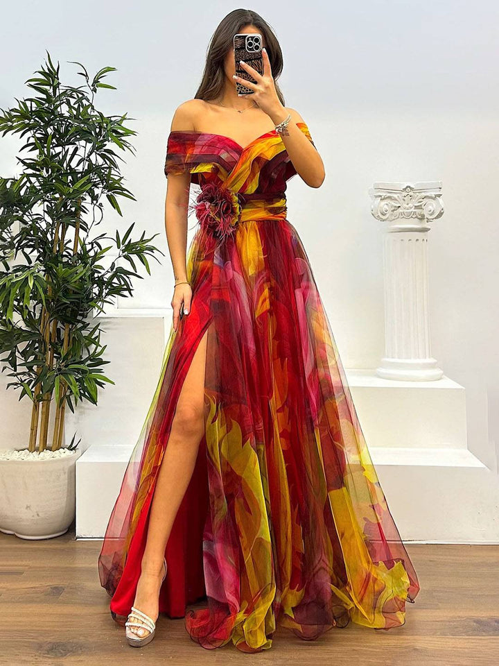 Levoire | Magnifique Robe Longue En Tulle Imprimé Avec Découpe Florale, Fente Sur Le Côté, Sans Manches, Élégante, Vintage, Robe De Soirée Pour Femmes Rot