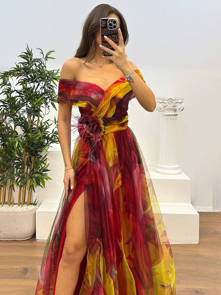 Levoire | Magnifique Robe Longue En Tulle Imprimé Avec Découpe Florale, Fente Sur Le Côté, Sans Manches, Élégante, Vintage, Robe De Soirée Pour Femmes