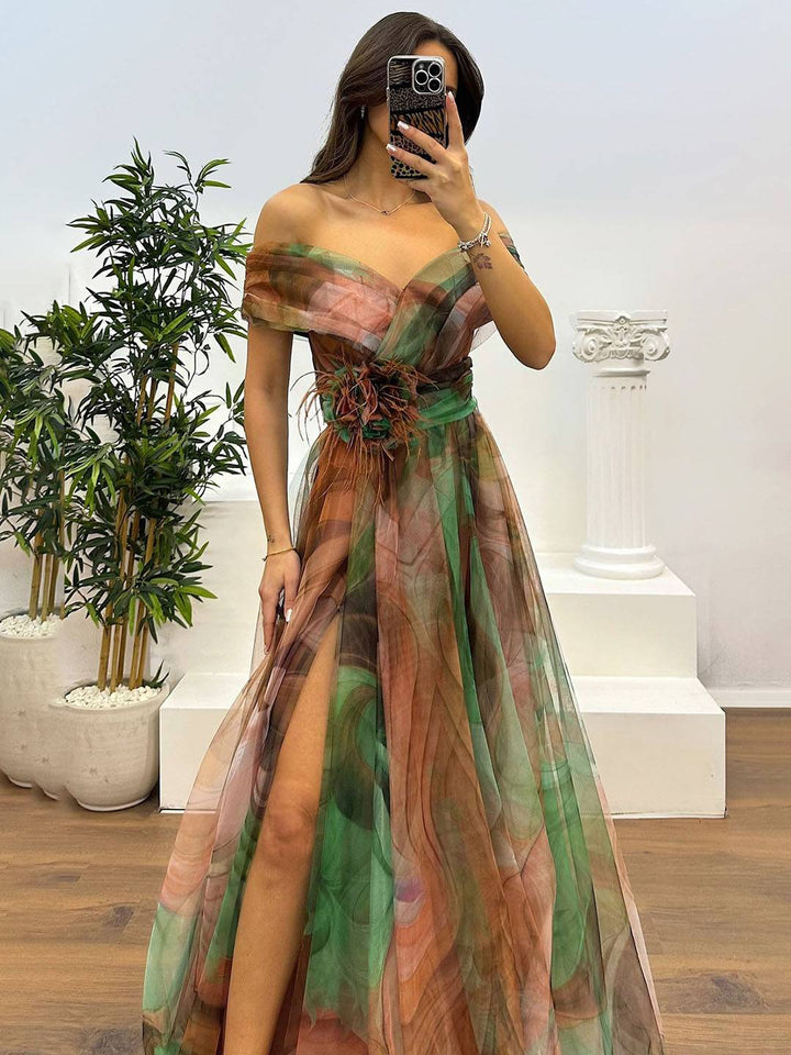 Levoire | Magnifique Robe Longue En Tulle Imprimé Avec Découpe Florale, Fente Sur Le Côté, Sans Manches, Élégante, Vintage, Robe De Soirée Pour Femmes Kamel