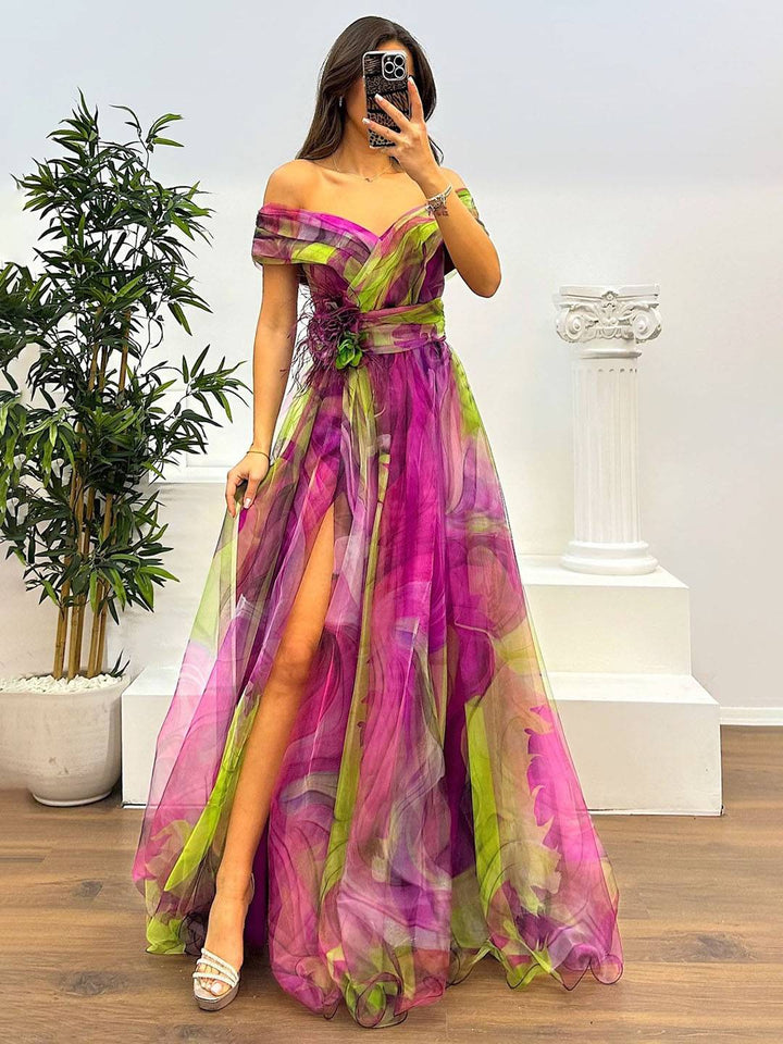 Levoire | Magnifique Robe Longue En Tulle Imprimé Avec Découpe Florale, Fente Sur Le Côté, Sans Manches, Élégante, Vintage, Robe De Soirée Pour Femmes