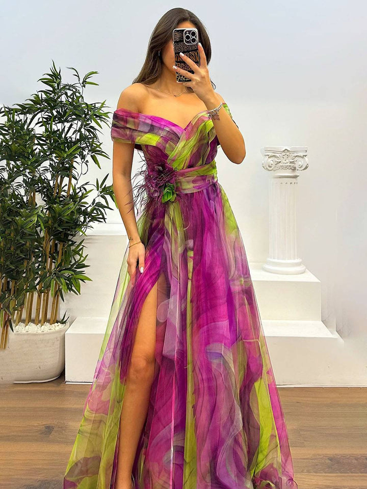 Levoire | Magnifique Robe Longue En Tulle Imprimé Avec Découpe Florale, Fente Sur Le Côté, Sans Manches, Élégante, Vintage, Robe De Soirée Pour Femmes