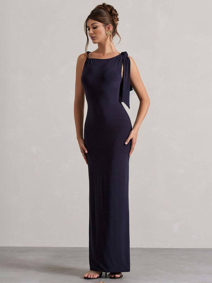 Levoire | Robe Sans Manches À Manches Longues Près Du Corps Pour Femmes Avec Détails De Boutons Aux Épaules Pour Une Soirée Élégante Marine