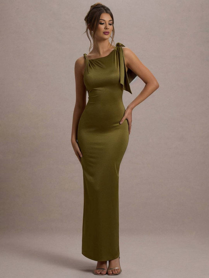 Levoire | Robe Sans Manches À Manches Longues Près Du Corps Pour Femmes Avec Détails De Boutons Aux Épaules Pour Une Soirée Élégante Olive