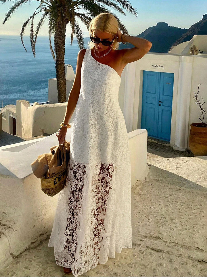 Levoire | Robe Longue En Dentelle Broderie Anglaise À Une Épaule Fente Sur Le Côté Sans Manches Femmes Bohémienne Décontractée Plage Blanc