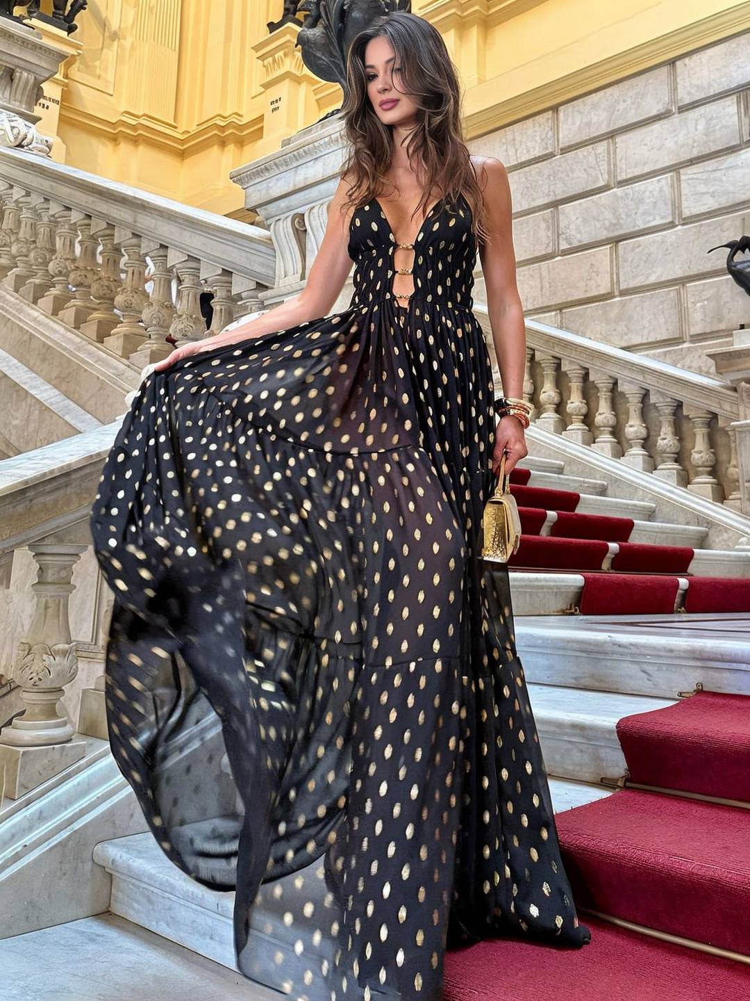 Levoire | Robe En Chiffon Longue À Pois Volant Dos Nu Avec Fines Bretelles Décolleté En V Sans Manches Robe De Soirée Élégante Cérémonie