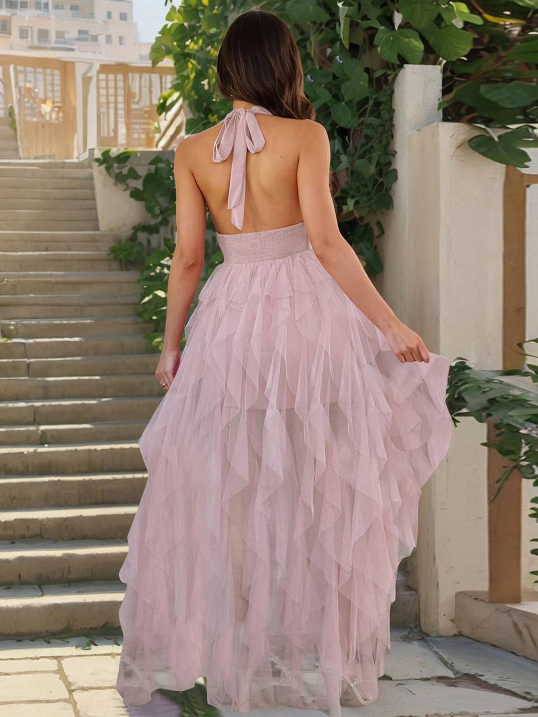 Levoire | Long V-Cou Irregulier Tulle Fente Latérale Sans Manches Femmes Doux Élégant Anniversaire Cérémonie