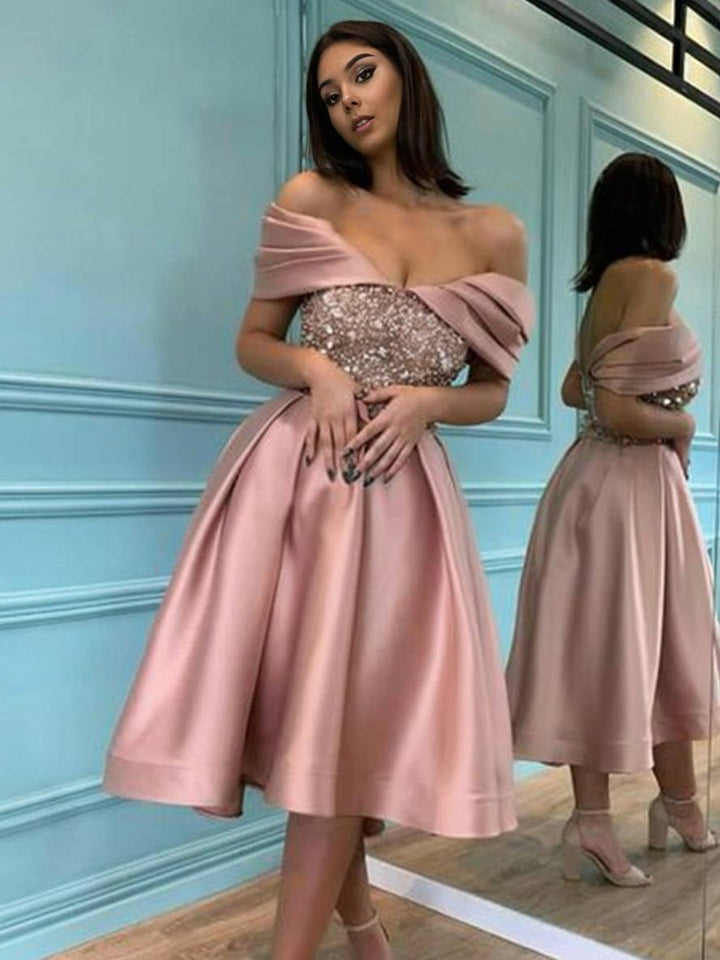 Levoire | Robe A-Ligne Longueur Genou Paillettes Brillantes Sans Manches Femme Élégante Mode Cocktail Rosa