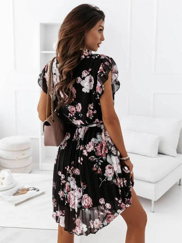 Levoire | Robe Mi-Longue Décolleté En V Floral Plissée Ceinturée À Manches Courtes Femmes Bohème Invité Mariage Plage