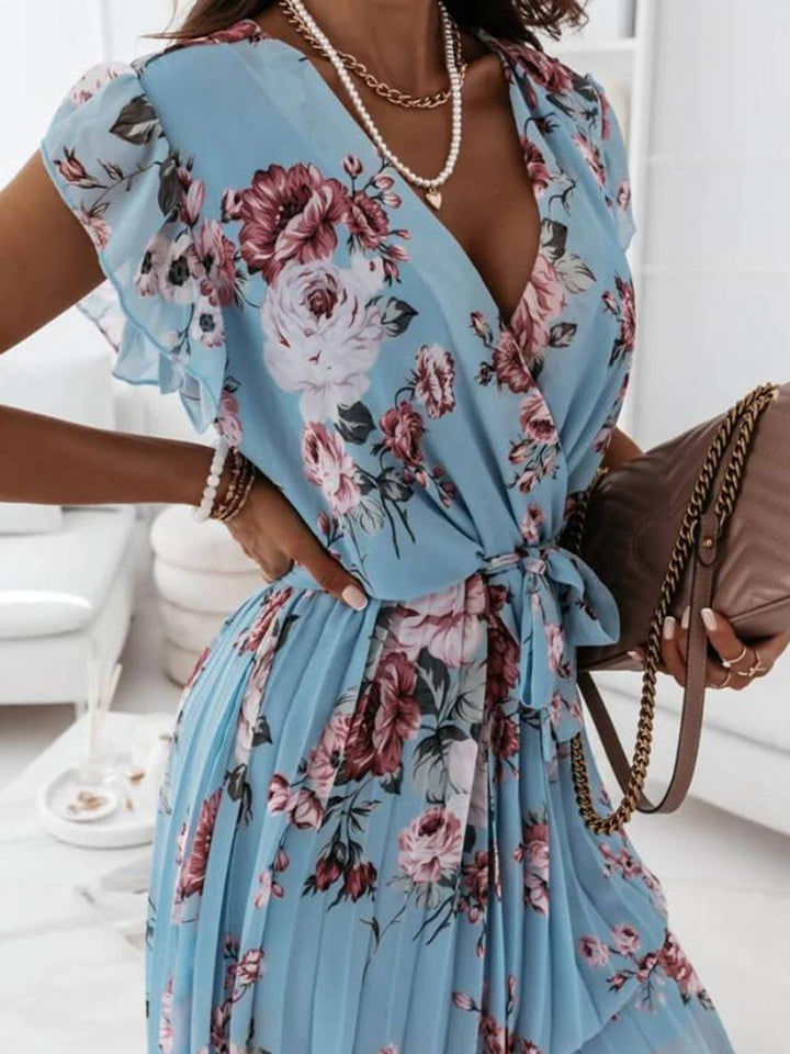 Levoire | Robe Mi-Longue Décolleté En V Floral Plissée Ceinturée À Manches Courtes Femmes Bohème Invité Mariage Plage